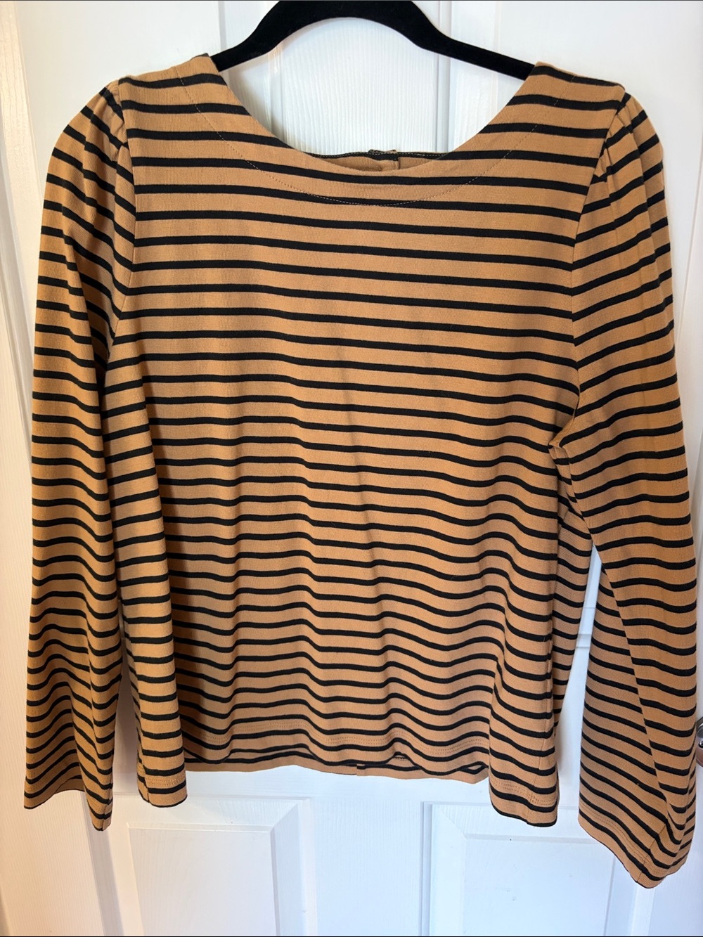 J. Crew Black and Camel Striped Long-Sleeve Boatneck Top